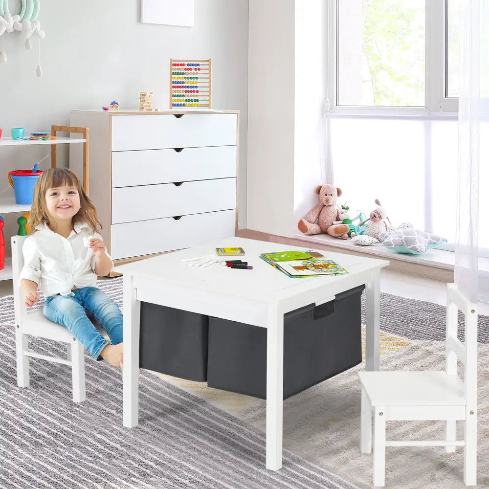 2-in-1 Kids Activity Table and 2 Chairs Set with Storage Building Block Table-White - White - Kids Table & Chair Sets