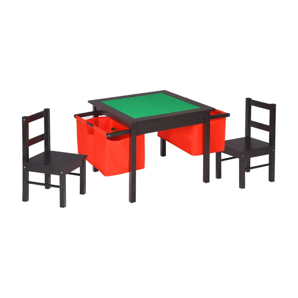 2-in-1 Kids Activity Table and 2 Chairs Set with Storage Building Block Table-Dark Brown - Dark Brown - Kids Table &