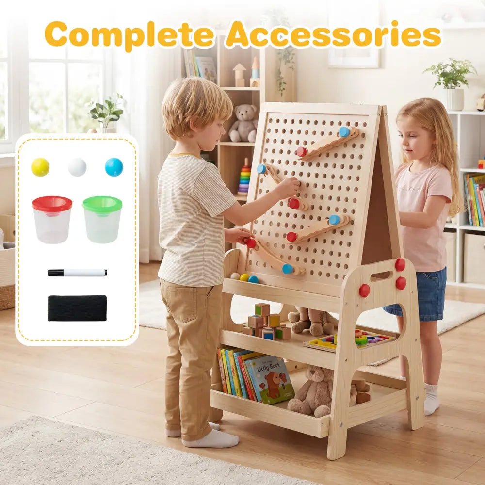2-in-1 Kids Art Easel with Magnetic Whiteboard and Marble Run Game-Natural - Natural - Art Easels