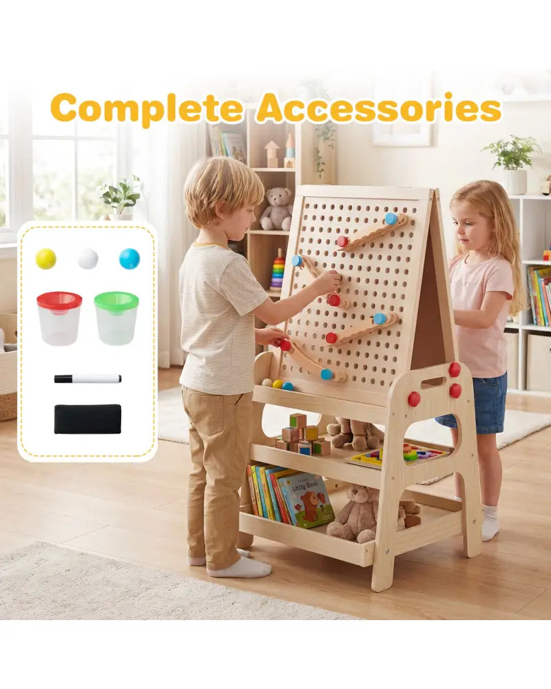 2-in-1 Kids Art Easel with Magnetic Whiteboard and Marble Run Game-Natural - Natural - Art Easels