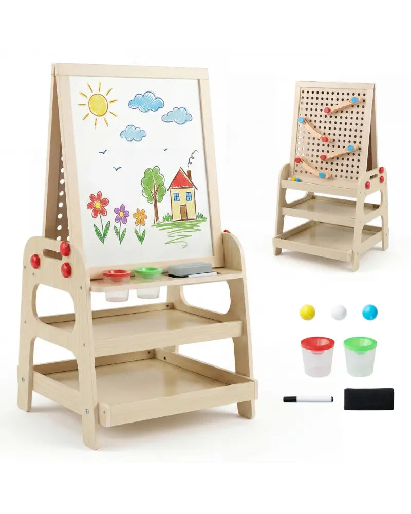 2-in-1 Kids Art Easel with Magnetic Whiteboard and Marble Run Game-Natural - Natural - Art Easels