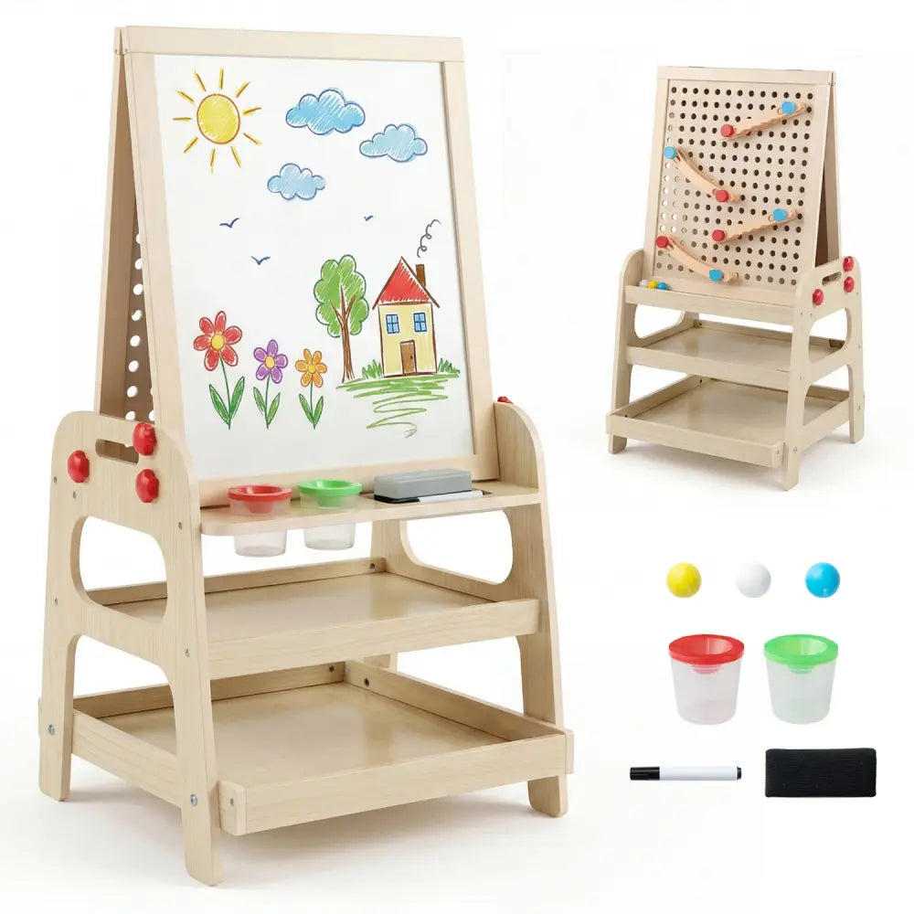 2-in-1 Kids Art Easel with Magnetic Whiteboard and Marble Run Game-Natural - Natural - Art Easels