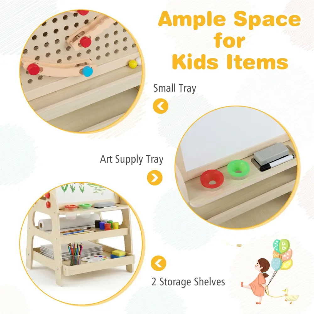 2-in-1 Kids Art Easel with Magnetic Whiteboard and Marble Run Game-Natural - Natural - Art Easels
