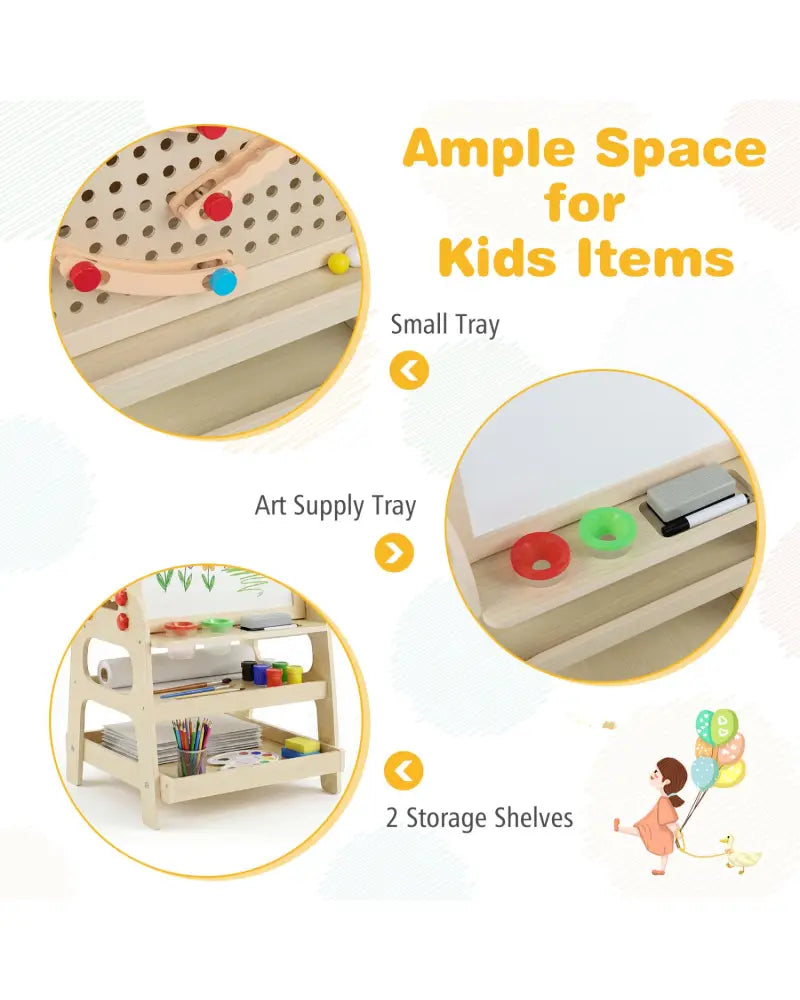 2-in-1 Kids Art Easel with Magnetic Whiteboard and Marble Run Game-Natural - Natural - Art Easels