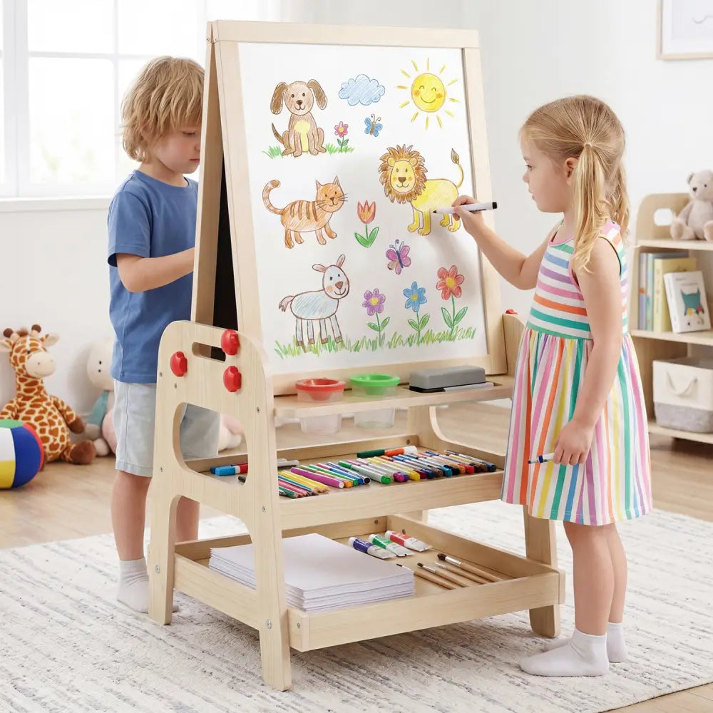 2-in-1 Kids Art Easel with Magnetic Whiteboard and Marble Run Game-Natural - Natural - Art Easels