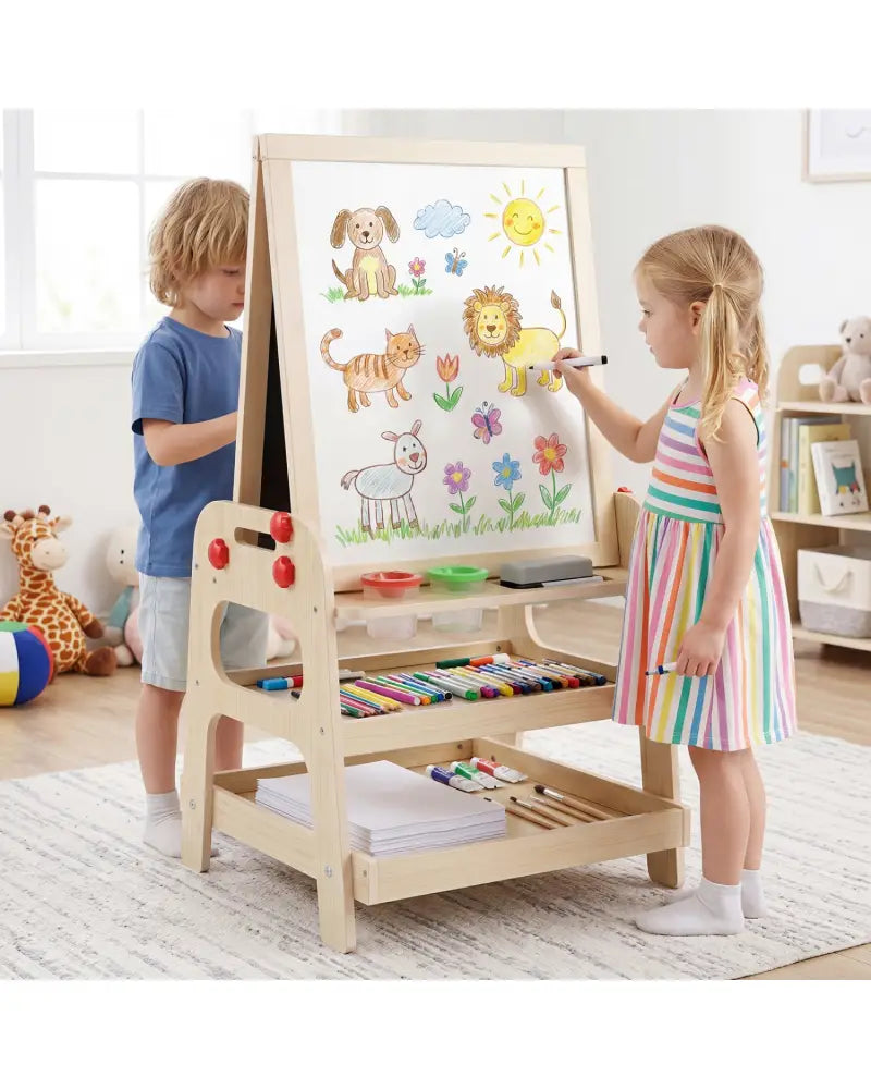 2-in-1 Kids Art Easel with Magnetic Whiteboard and Marble Run Game-Natural - Natural - Art Easels