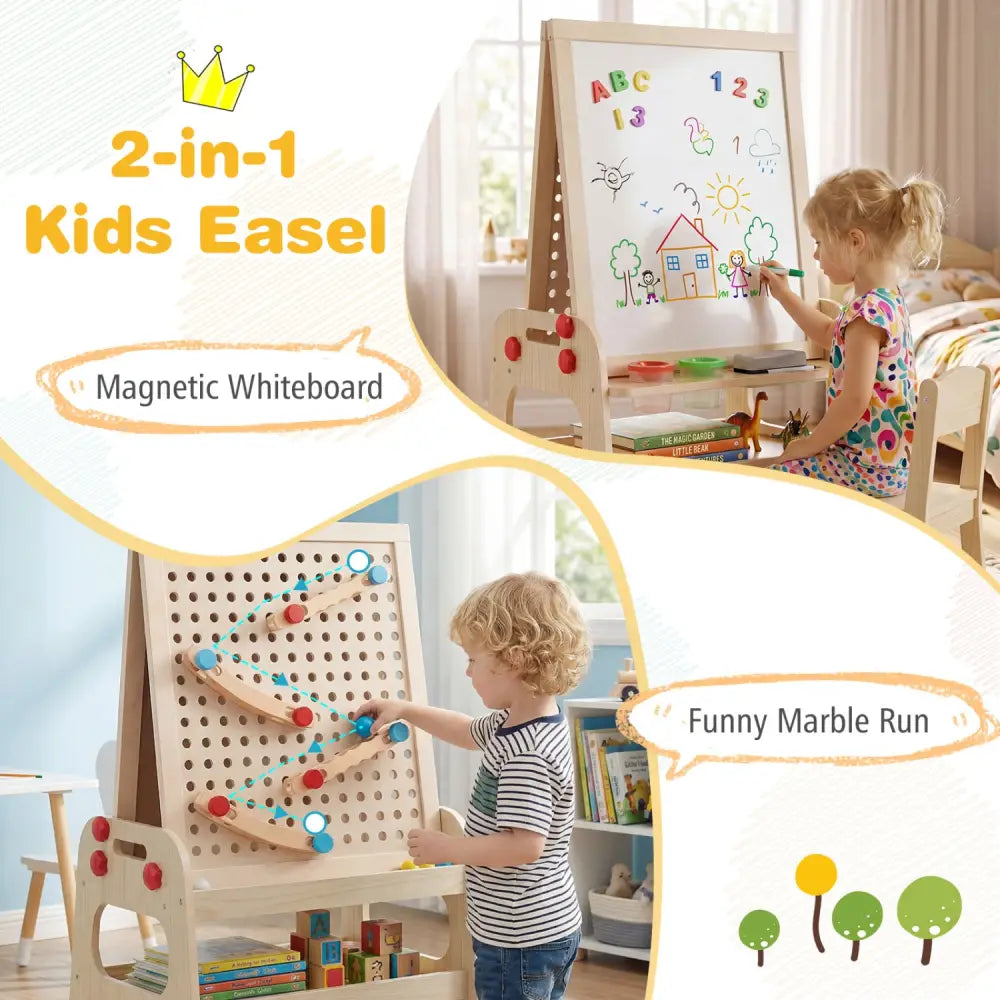 2-in-1 Kids Art Easel with Magnetic Whiteboard and Marble Run Game-Natural - Natural - Art Easels