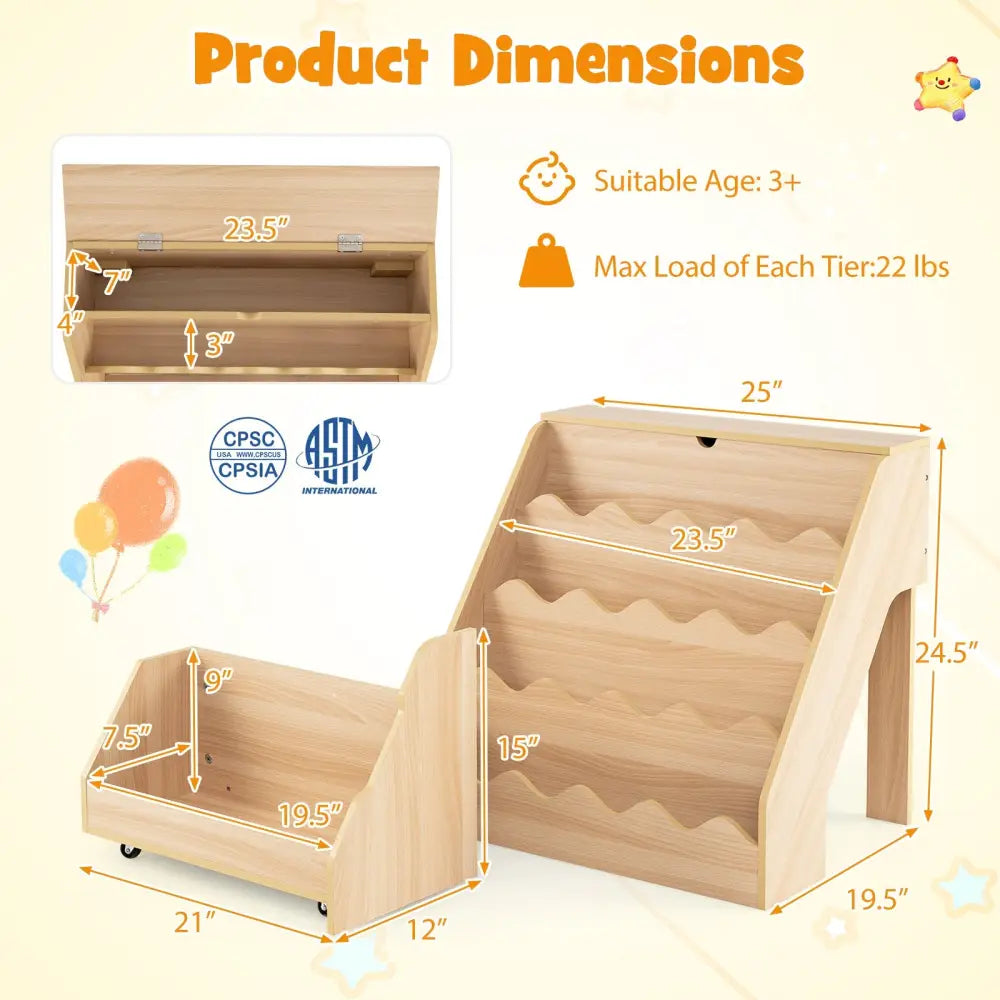 2-In-1 Kids Bookshelf & Toy Storage Organizer-Natural - Natural - Kids Storage