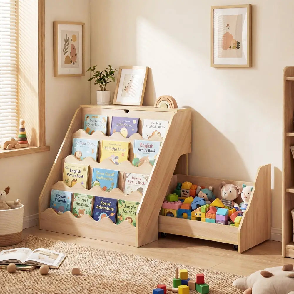 2-In-1 Kids Bookshelf & Toy Storage Organizer-Natural - Natural - Kids Storage
