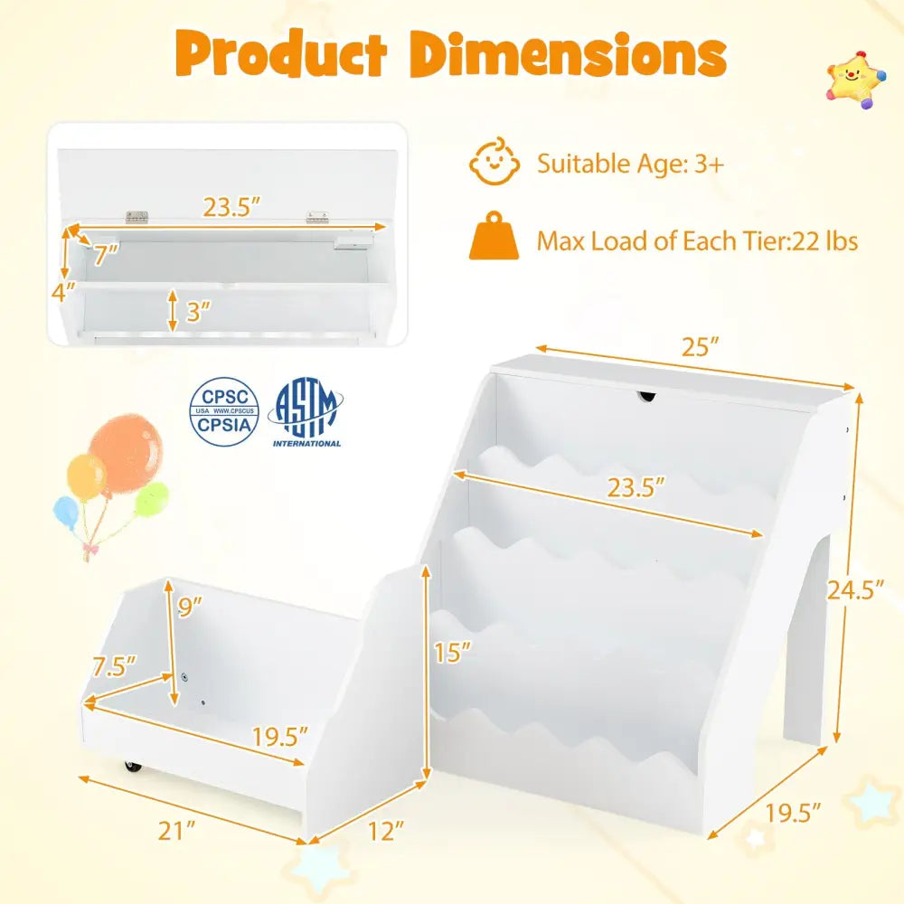 2-In-1 Kids Bookshelf & Toy Storage Organizer-White - White - Kids Storage