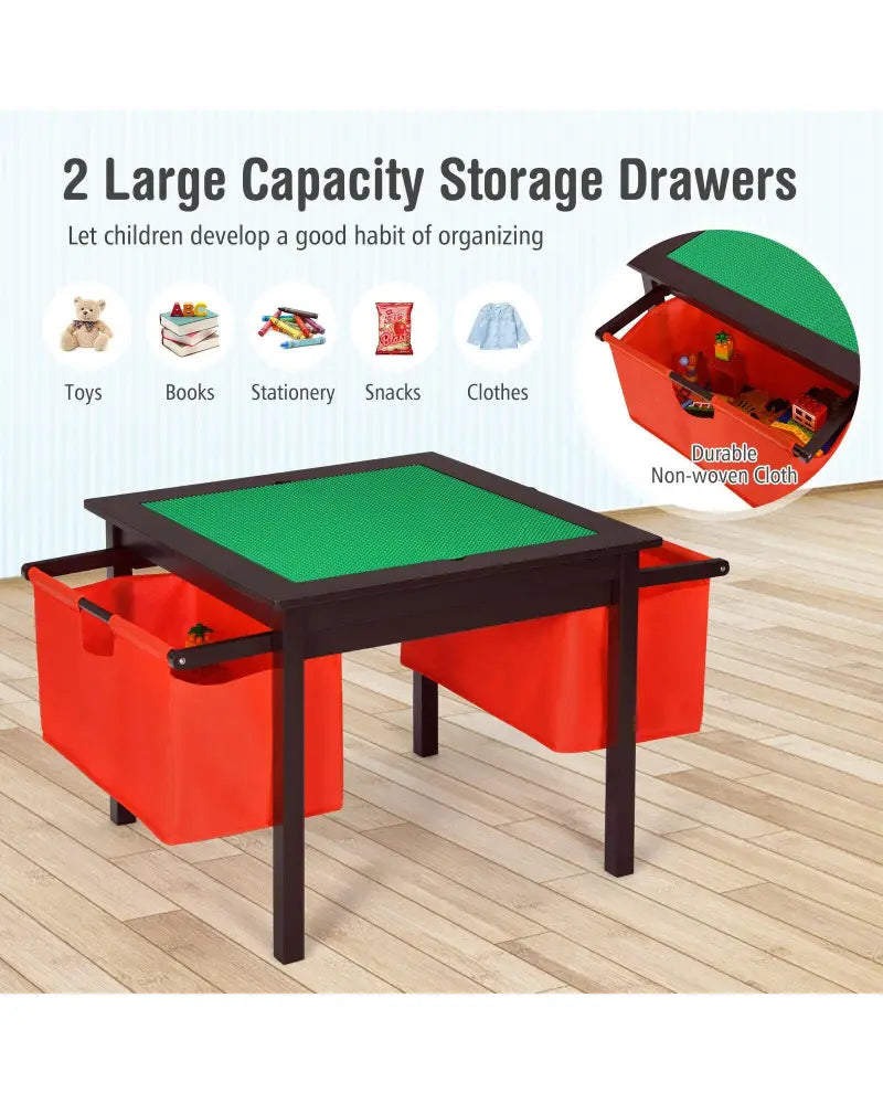 2-in-1 Kids Double-sided Activity Building Block Table with Drawers-Brown - Brown - Kids Table & Chair Sets
