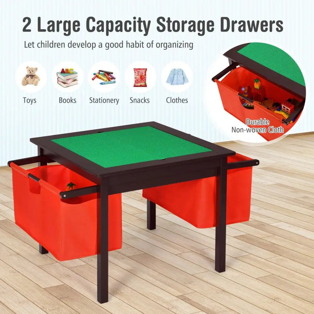 2-in-1 Kids Double-sided Activity Building Block Table with Drawers-Brown - Brown - Kids Table & Chair Sets