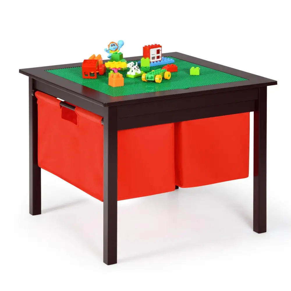 2-in-1 Kids Double-sided Activity Building Block Table with Drawers-Brown - Brown - Kids Table & Chair Sets