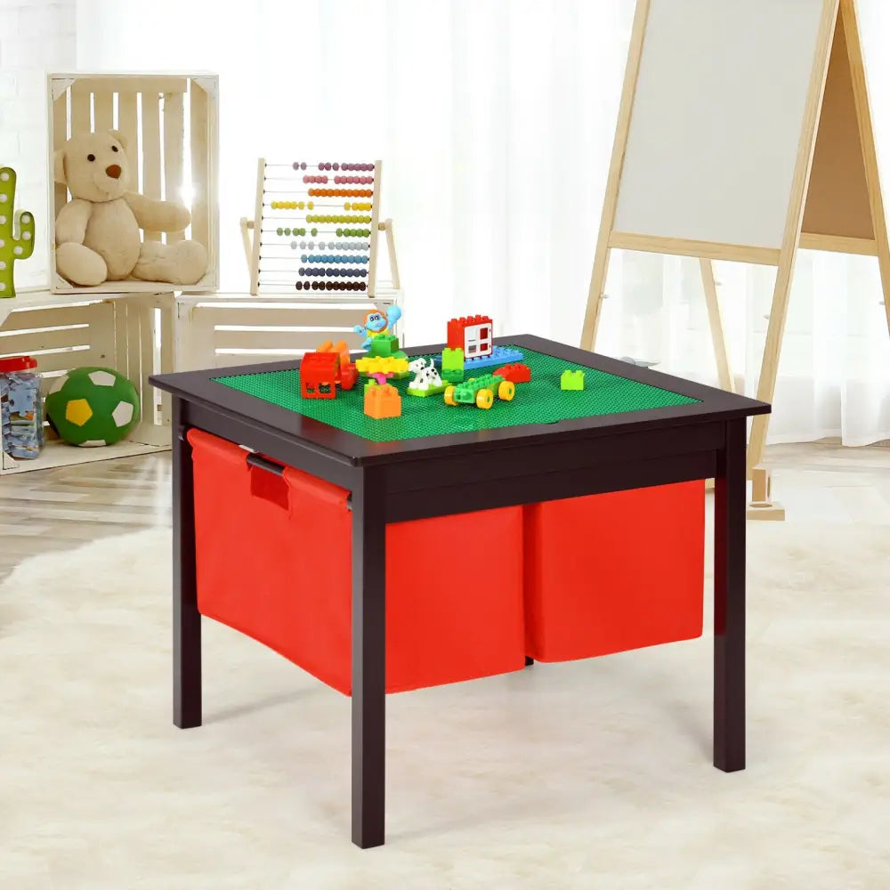 2-in-1 Kids Double-sided Activity Building Block Table with Drawers-Brown - Brown - Kids Table & Chair Sets