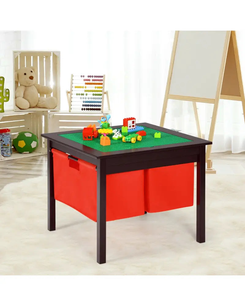 2-in-1 Kids Double-sided Activity Building Block Table with Drawers-Brown - Brown - Kids Table & Chair Sets