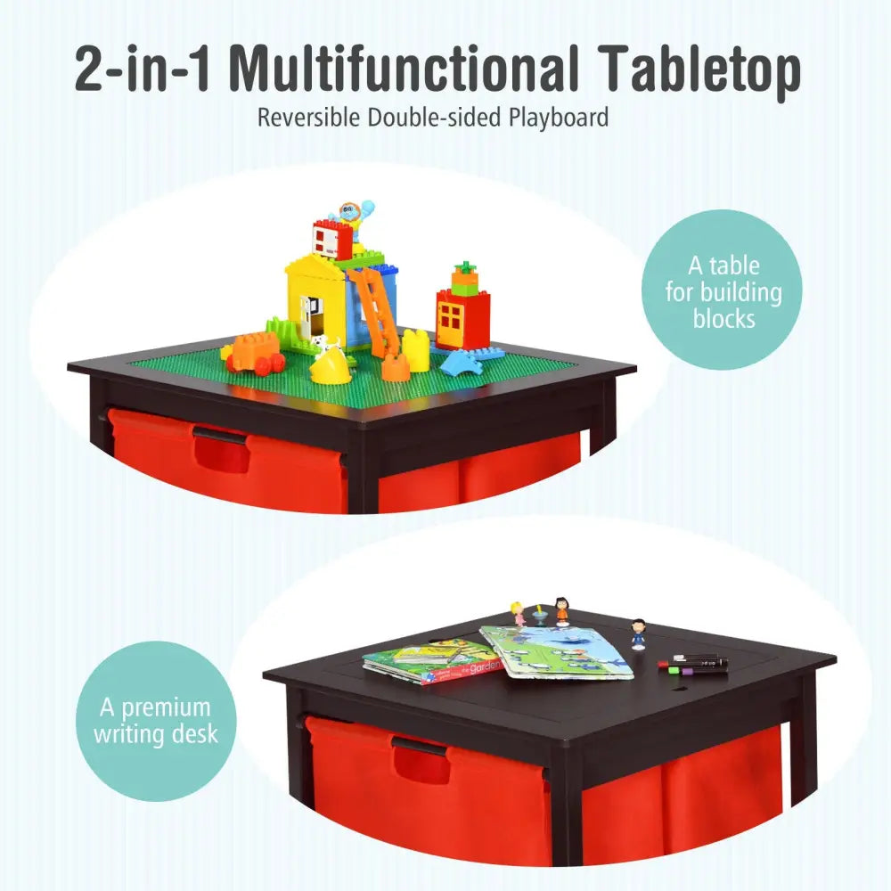 2-in-1 Kids Double-sided Activity Building Block Table with Drawers-Brown - Brown - Kids Table & Chair Sets