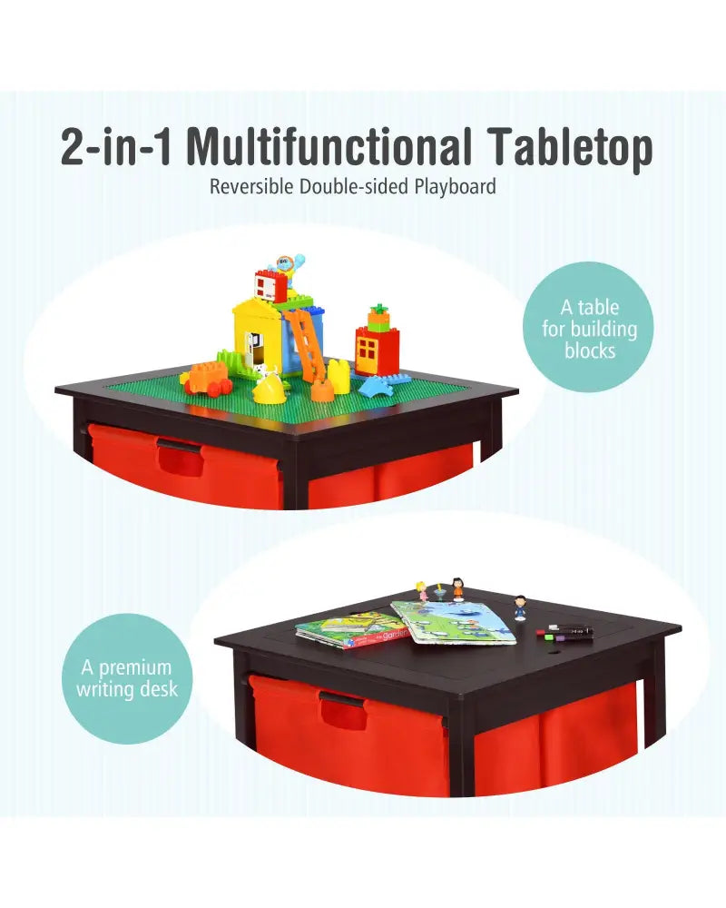 2-in-1 Kids Double-sided Activity Building Block Table with Drawers-Brown - Brown - Kids Table & Chair Sets