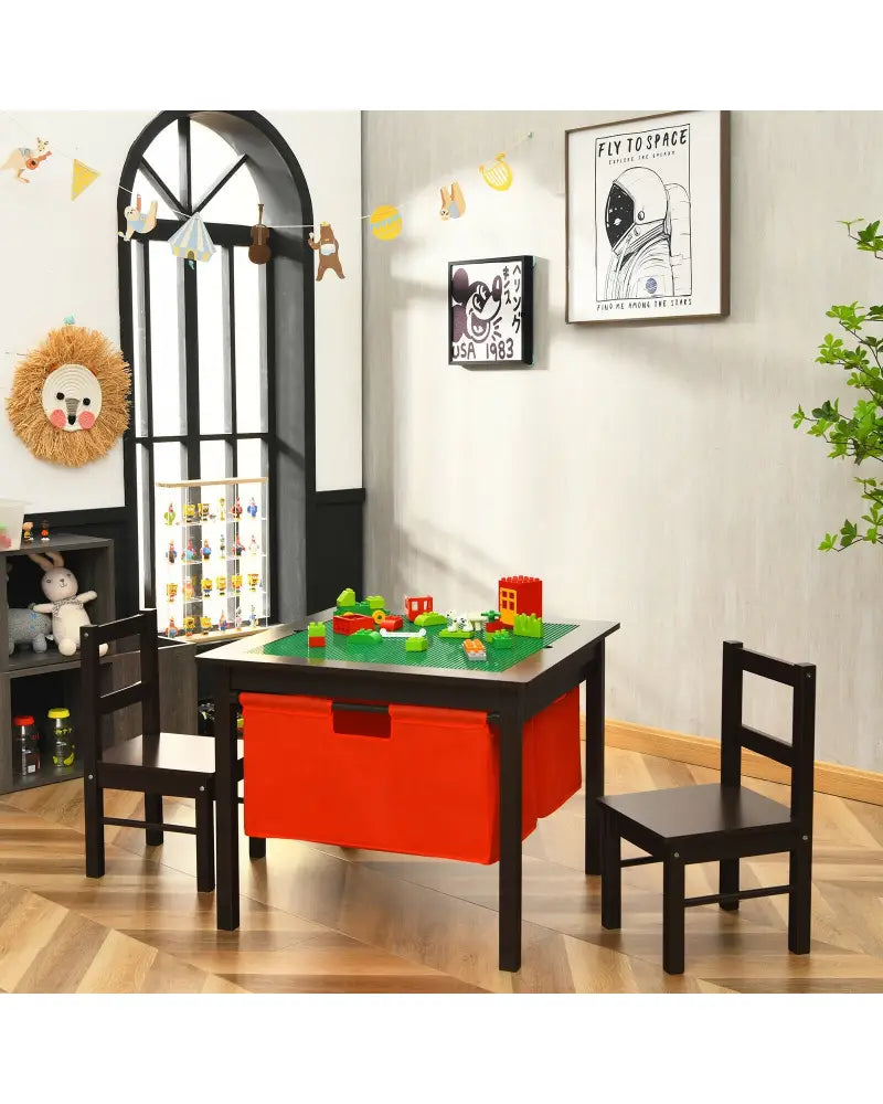 2-in-1 Kids Double-sided Activity Building Block Table with Drawers-Brown - Brown - Kids Table & Chair Sets