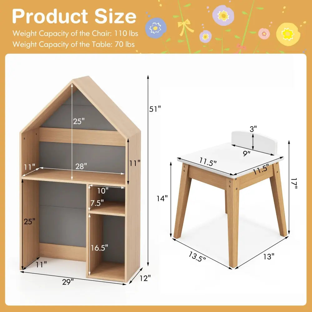 2-in-1 Kids House-Shaped Table and Chair Set-Gray - Gray - Kids Table & Chair Sets