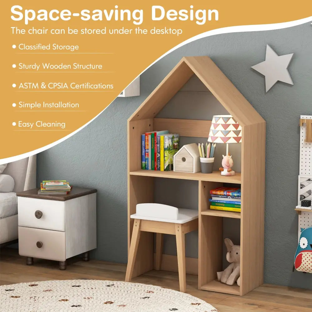 2-in-1 Kids House-Shaped Table and Chair Set-Gray - Gray - Kids Table & Chair Sets