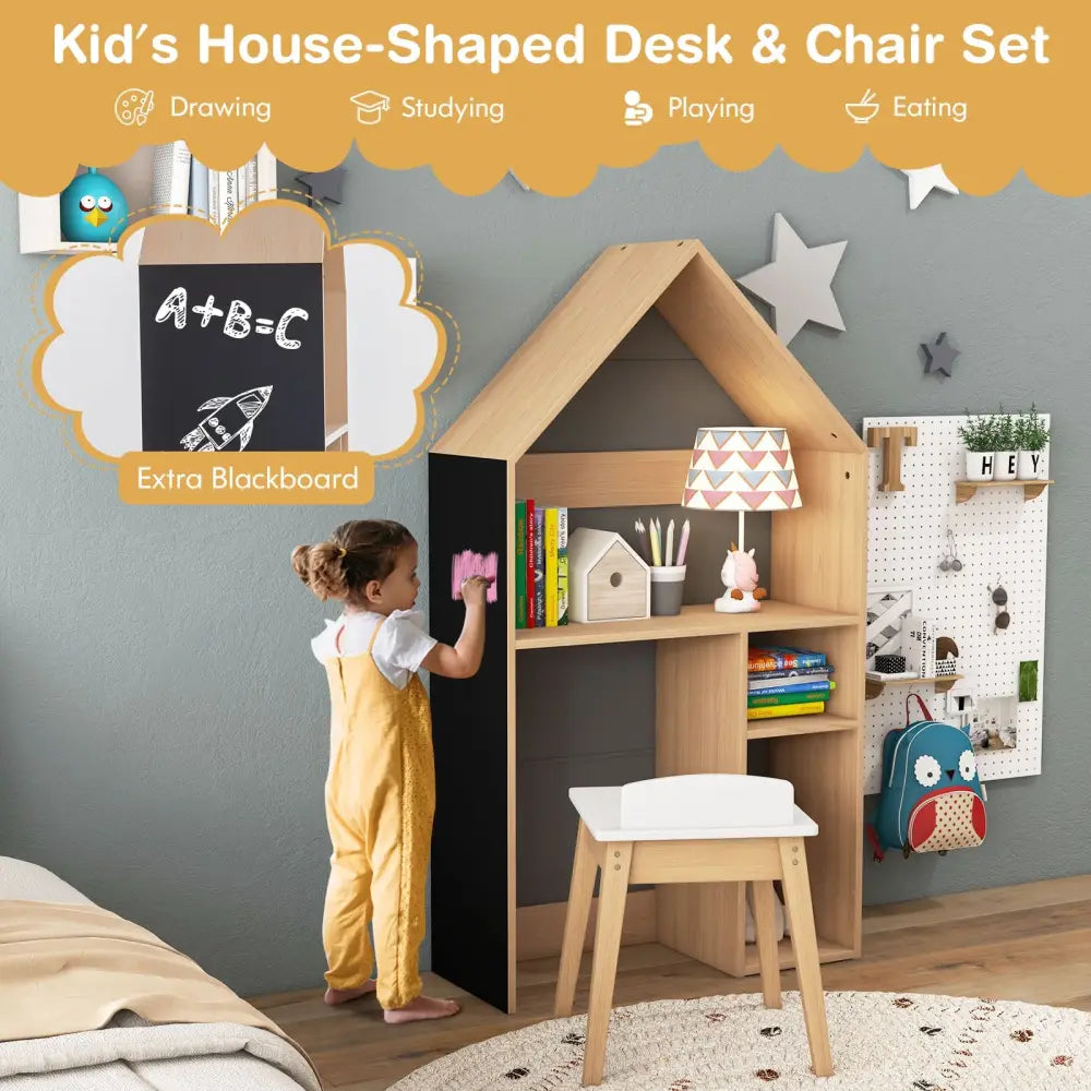 2-in-1 Kids House-Shaped Table and Chair Set-Gray - Gray - Kids Table & Chair Sets