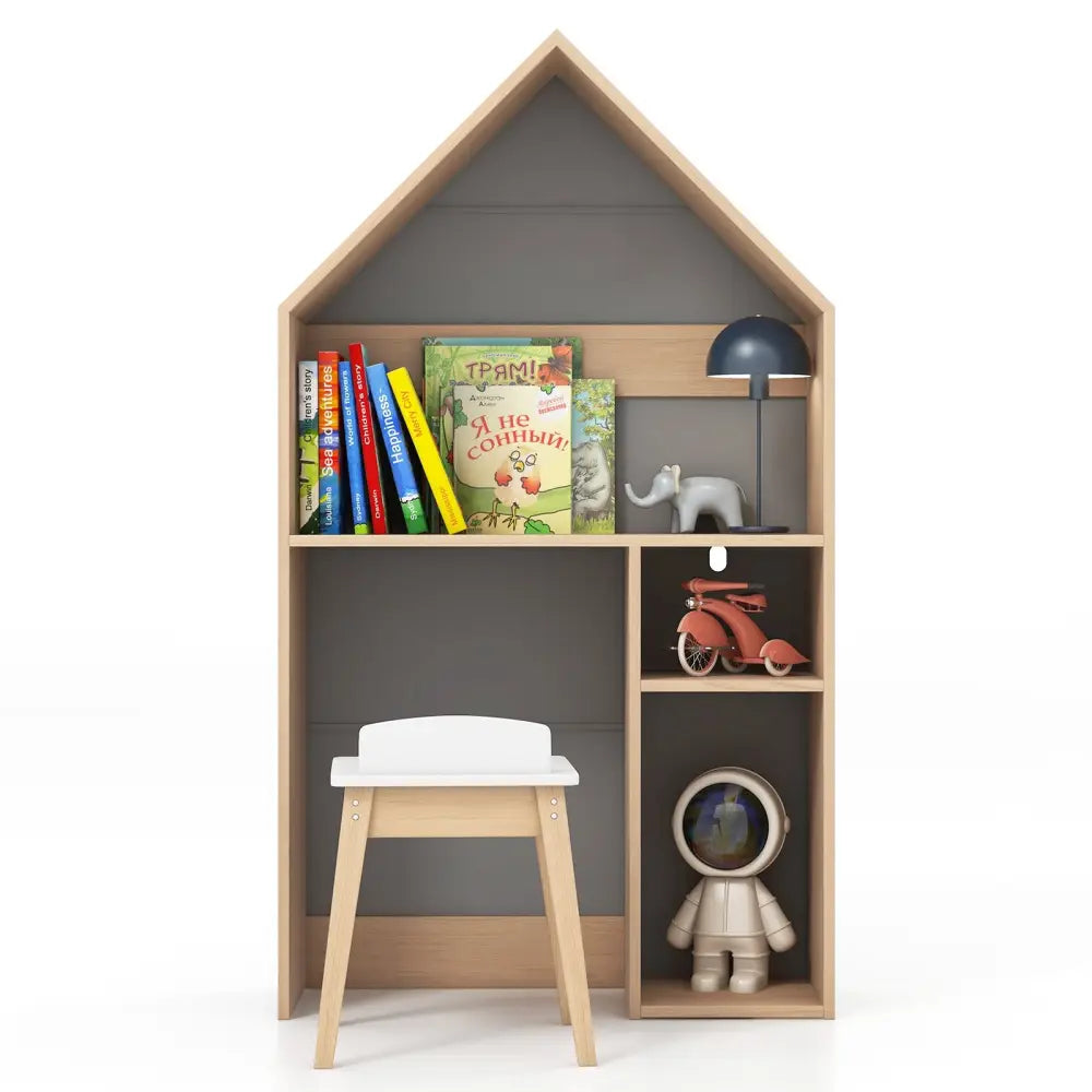 2-in-1 Kids House-Shaped Table and Chair Set-Gray - Gray - Kids Table & Chair Sets