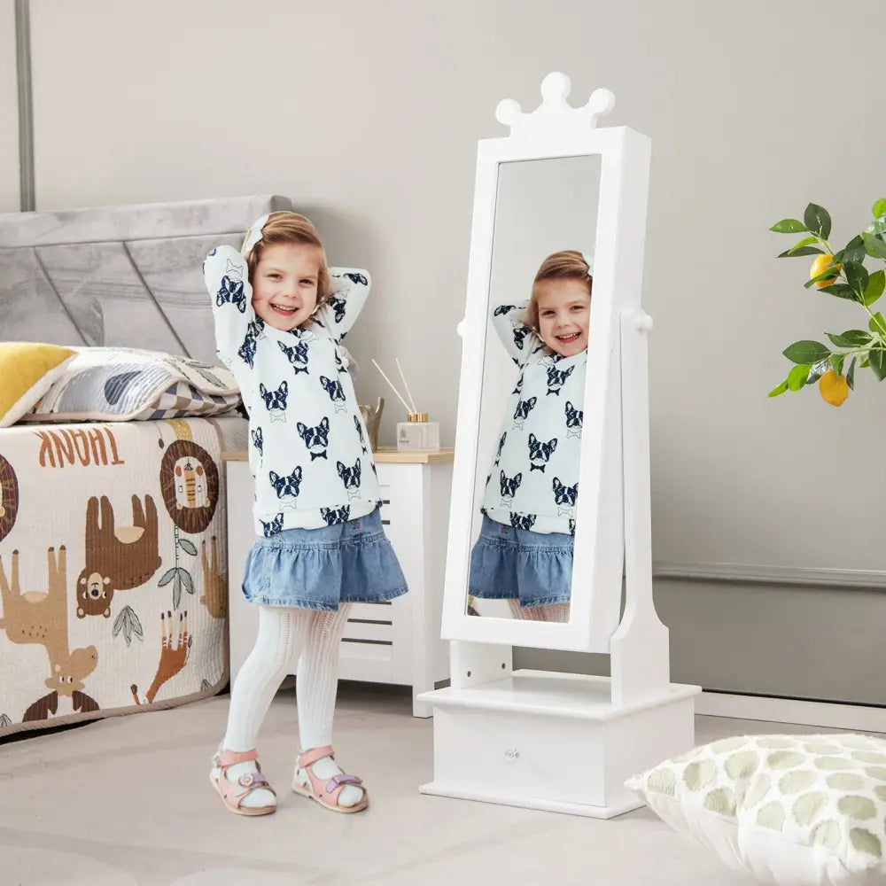 2-in-1 Kids Play Jewelry Armoire with Full Length Mirror and Drawers-White - White - Kids Vanities