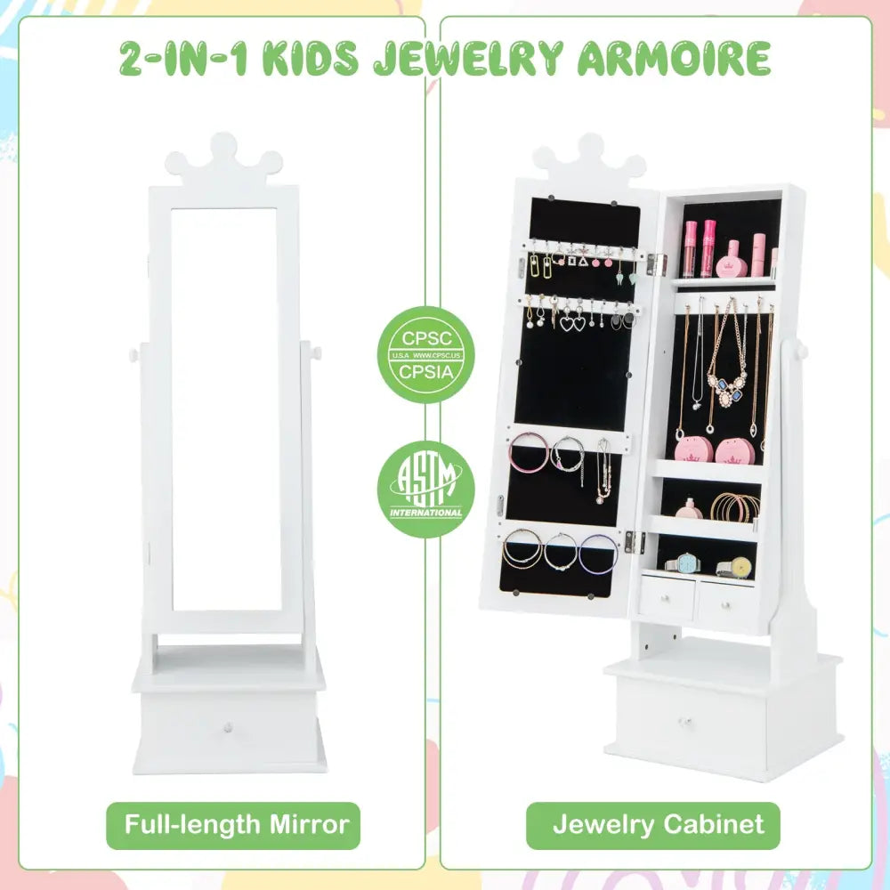 2-in-1 Kids Play Jewelry Armoire with Full Length Mirror and Drawers-White - White - Kids Vanities