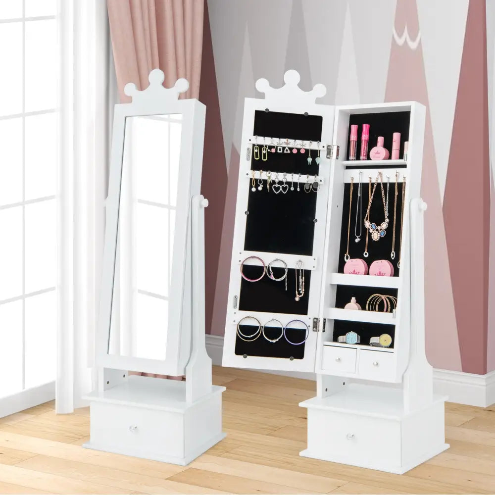 2-in-1 Kids Play Jewelry Armoire with Full Length Mirror and Drawers-White - White - Kids Vanities