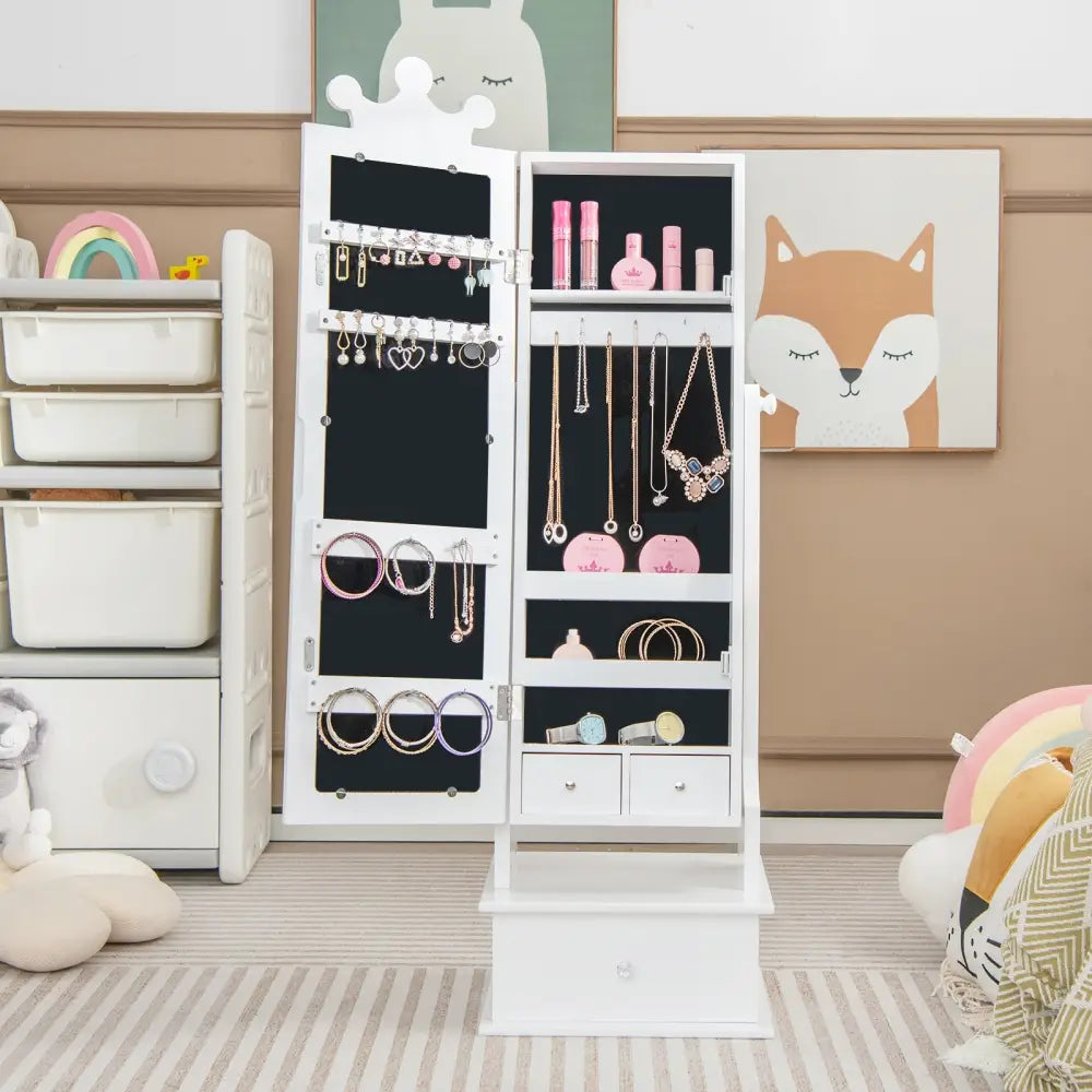 2-in-1 Kids Play Jewelry Armoire with Full Length Mirror and Drawers-White - White - Kids Vanities