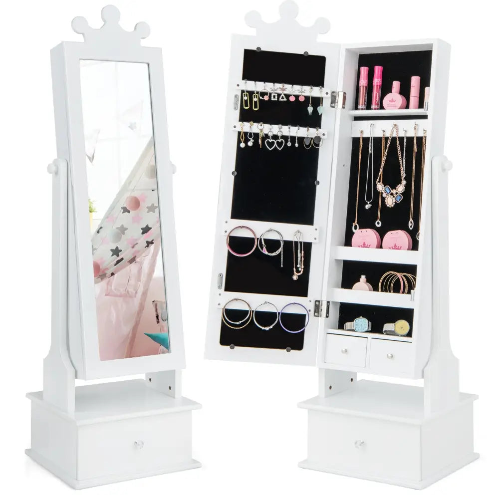 2-in-1 Kids Play Jewelry Armoire with Full Length Mirror and Drawers-White - White - Kids Vanities