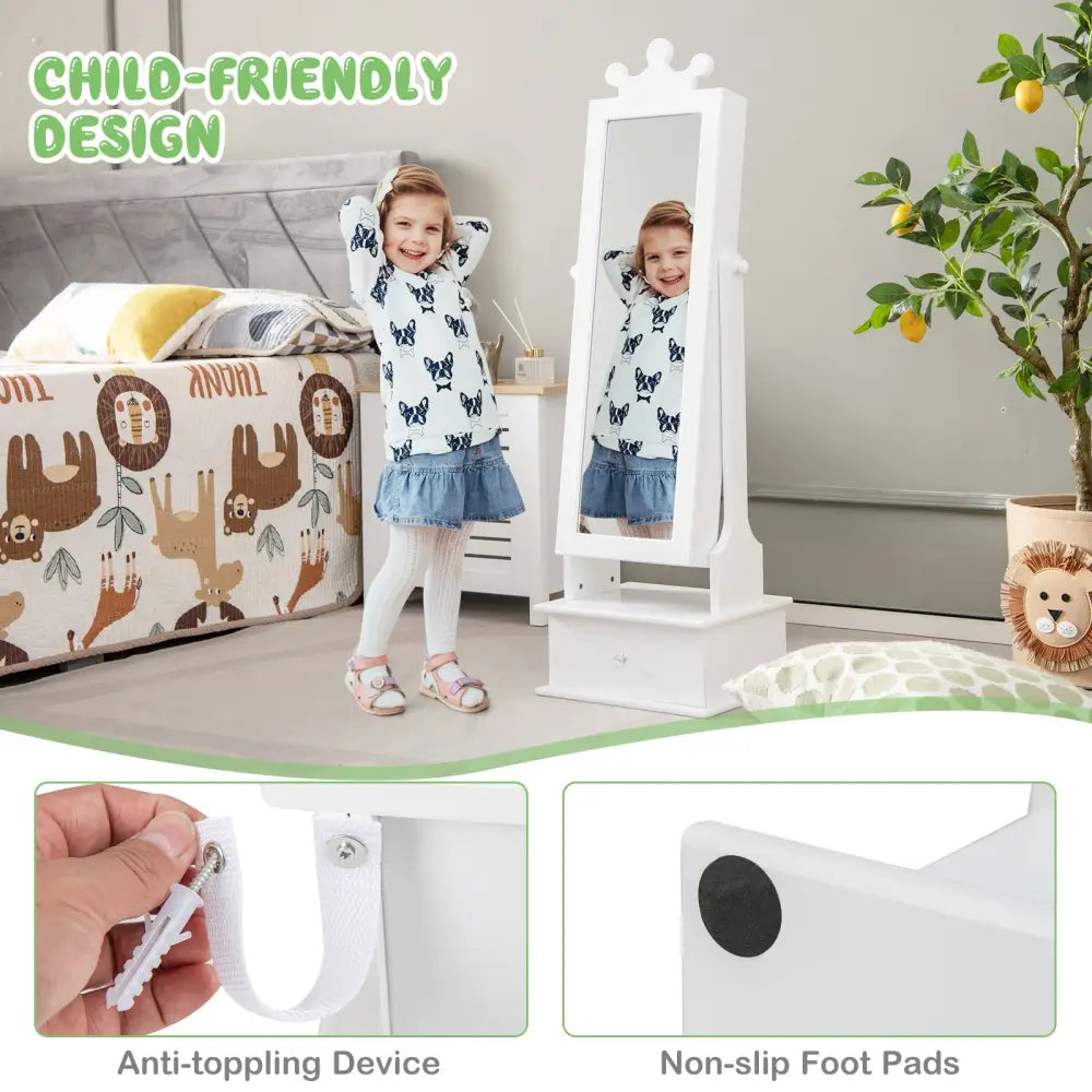 2-in-1 Kids Play Jewelry Armoire with Full Length Mirror and Drawers-White - White - Kids Vanities