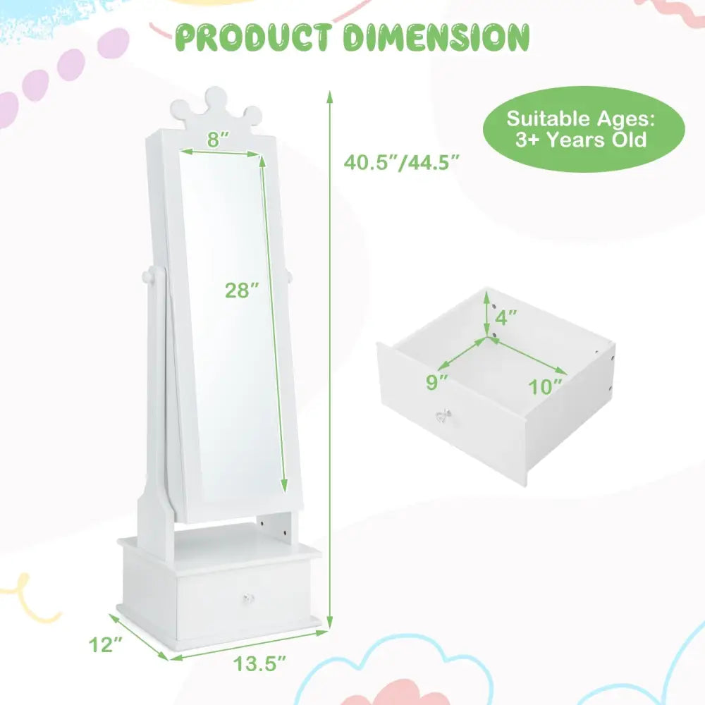 2-in-1 Kids Play Jewelry Armoire with Full Length Mirror and Drawers-White - White - Kids Vanities