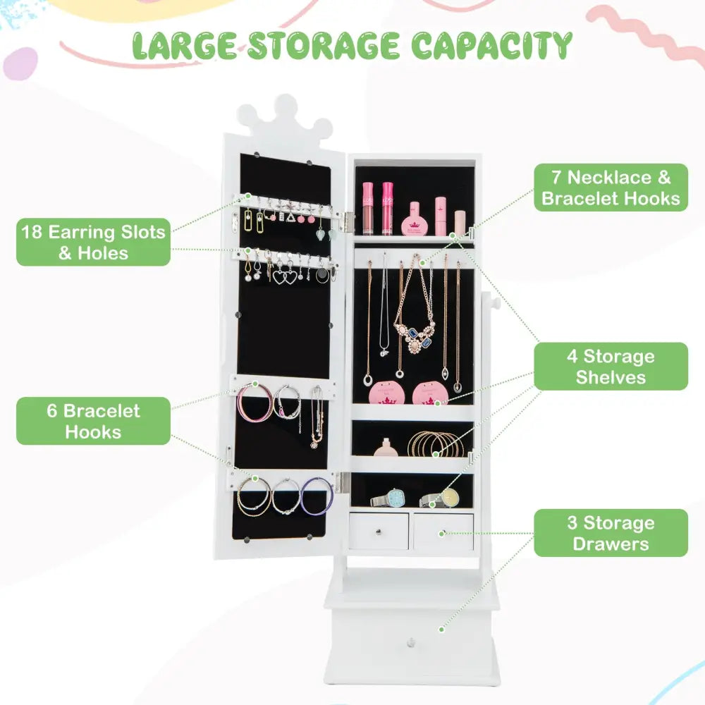 2-in-1 Kids Play Jewelry Armoire with Full Length Mirror and Drawers-White - White - Kids Vanities