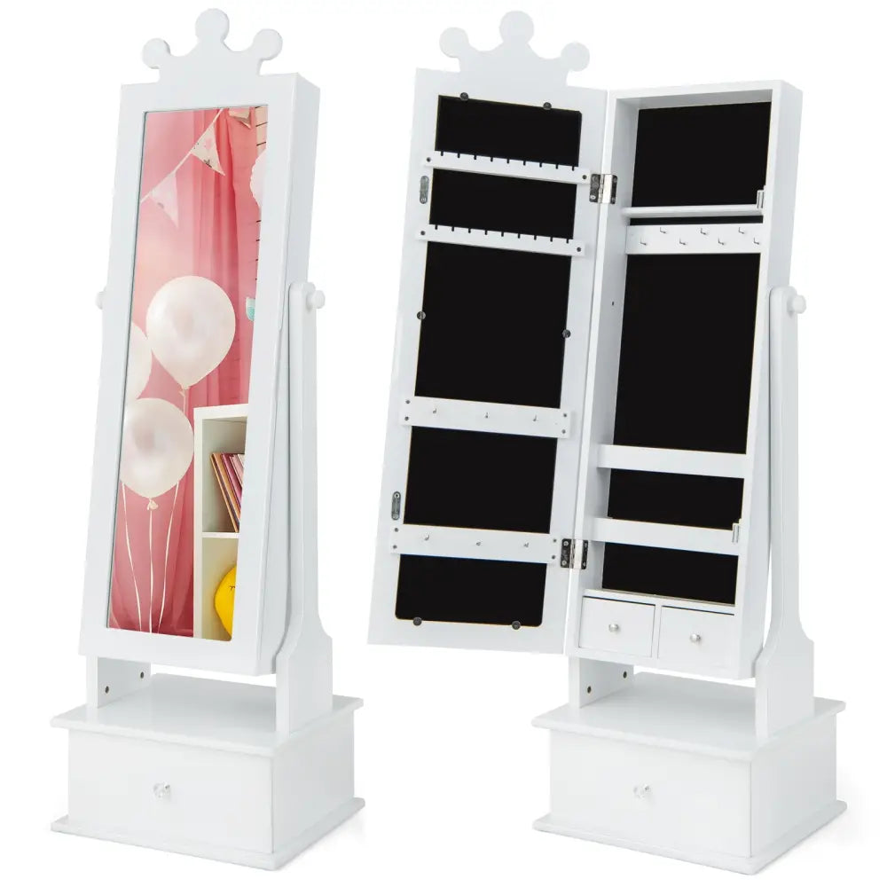 2-in-1 Kids Play Jewelry Armoire with Full Length Mirror and Drawers-White - White - Kids Vanities
