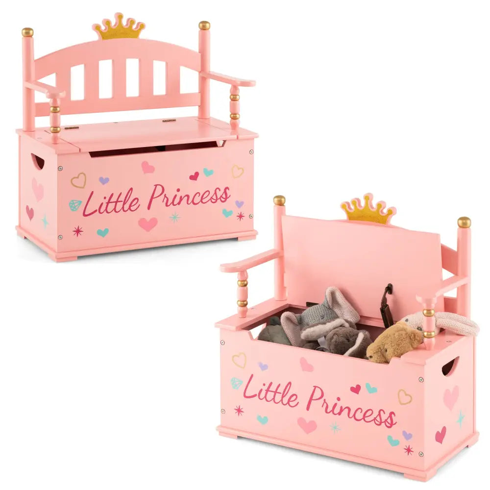 2-In-1 Kids Princess Wooden Toy Box with Safe Hinged Lid-Pink - Pink - Kids Storage