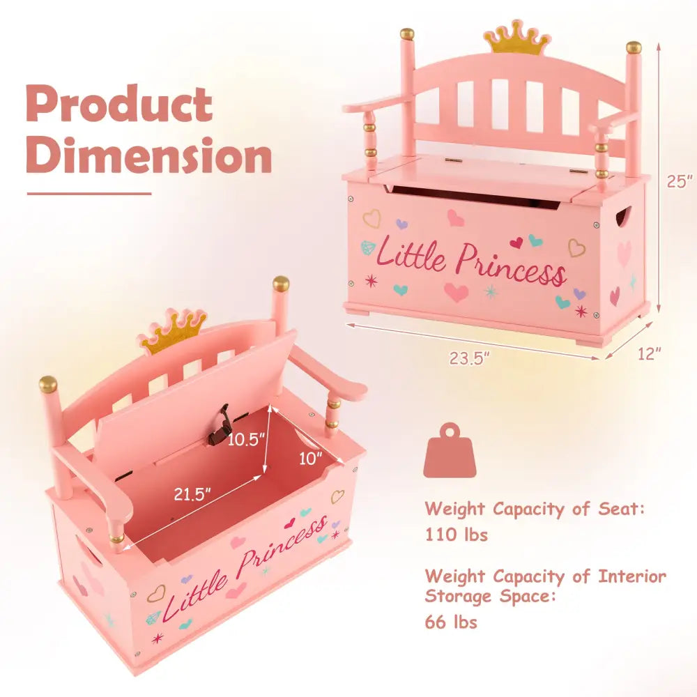 2-In-1 Kids Princess Wooden Toy Box with Safe Hinged Lid-Pink - Pink - Kids Storage