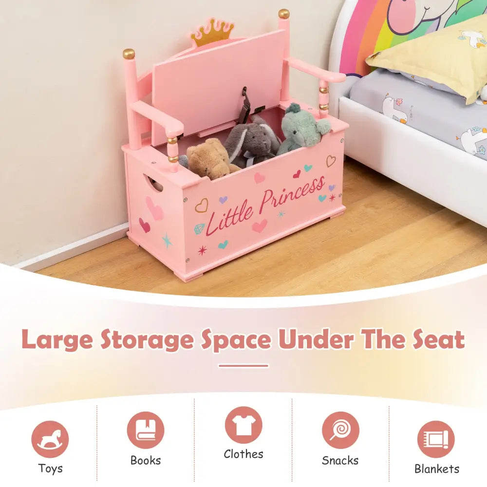 2-In-1 Kids Princess Wooden Toy Box with Safe Hinged Lid-Pink - Pink - Kids Storage