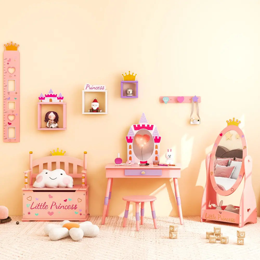 2-In-1 Kids Princess Wooden Toy Box with Safe Hinged Lid-Pink - Pink - Kids Storage