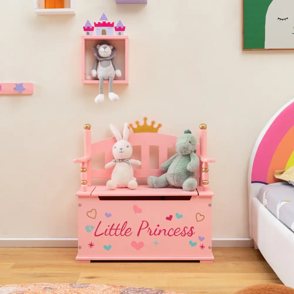 2-In-1 Kids Princess Wooden Toy Box with Safe Hinged Lid-Pink - Pink - Kids Storage