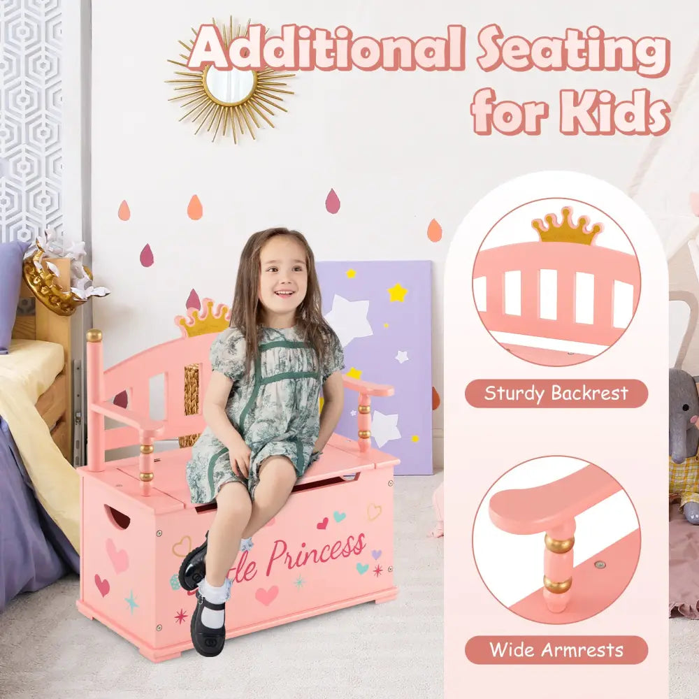 2-In-1 Kids Princess Wooden Toy Box with Safe Hinged Lid-Pink - Pink - Kids Storage