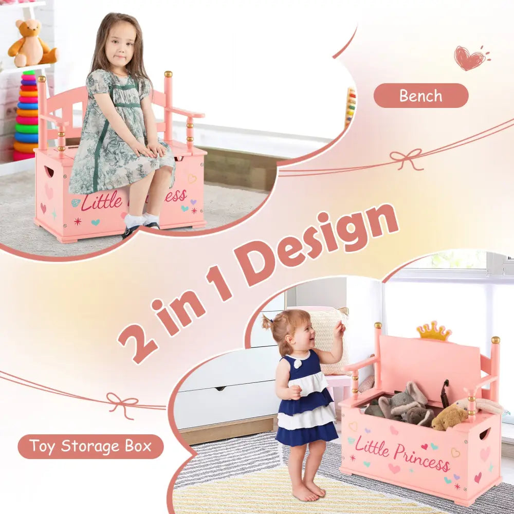 2-In-1 Kids Princess Wooden Toy Box with Safe Hinged Lid-Pink - Pink - Kids Storage