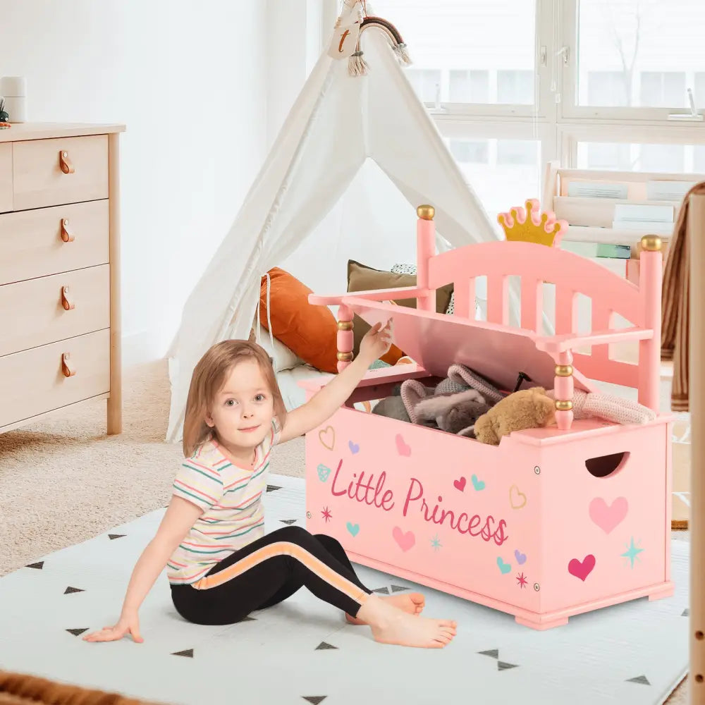 2-In-1 Kids Princess Wooden Toy Box with Safe Hinged Lid-Pink - Pink - Kids Storage