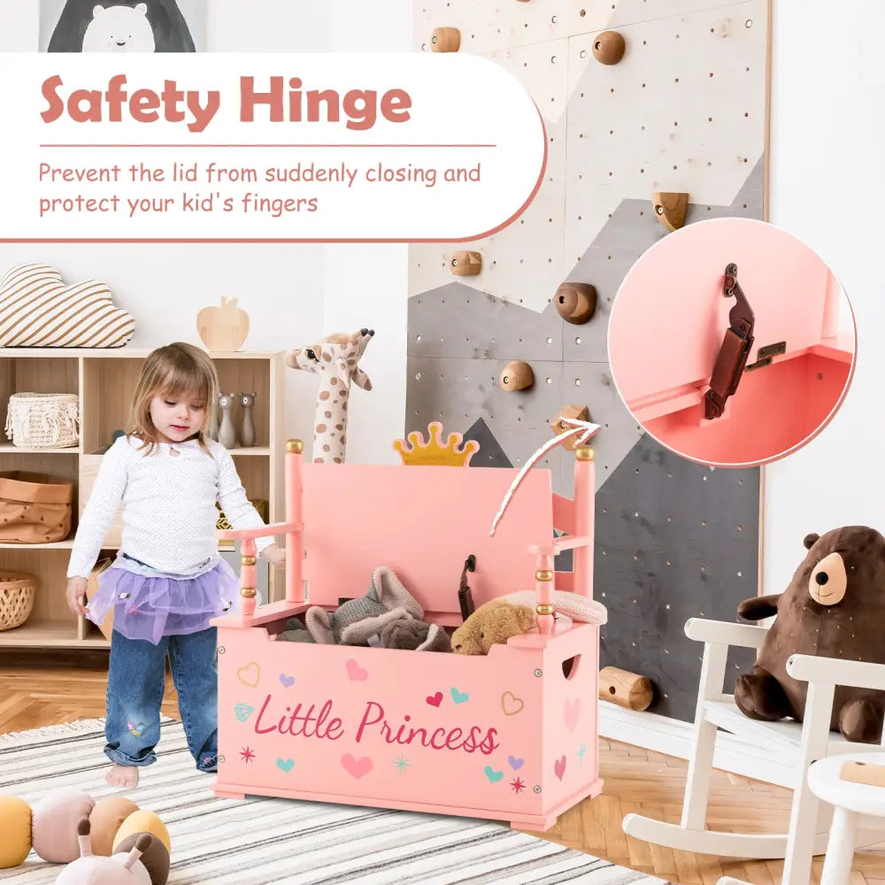 2-In-1 Kids Princess Wooden Toy Box with Safe Hinged Lid-Pink - Pink - Kids Storage
