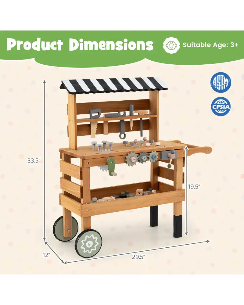 2-in-1 Kids Rolling Cart with Play Tools Set for Construction Play-Brown - Brown - Play Kitchen Sets