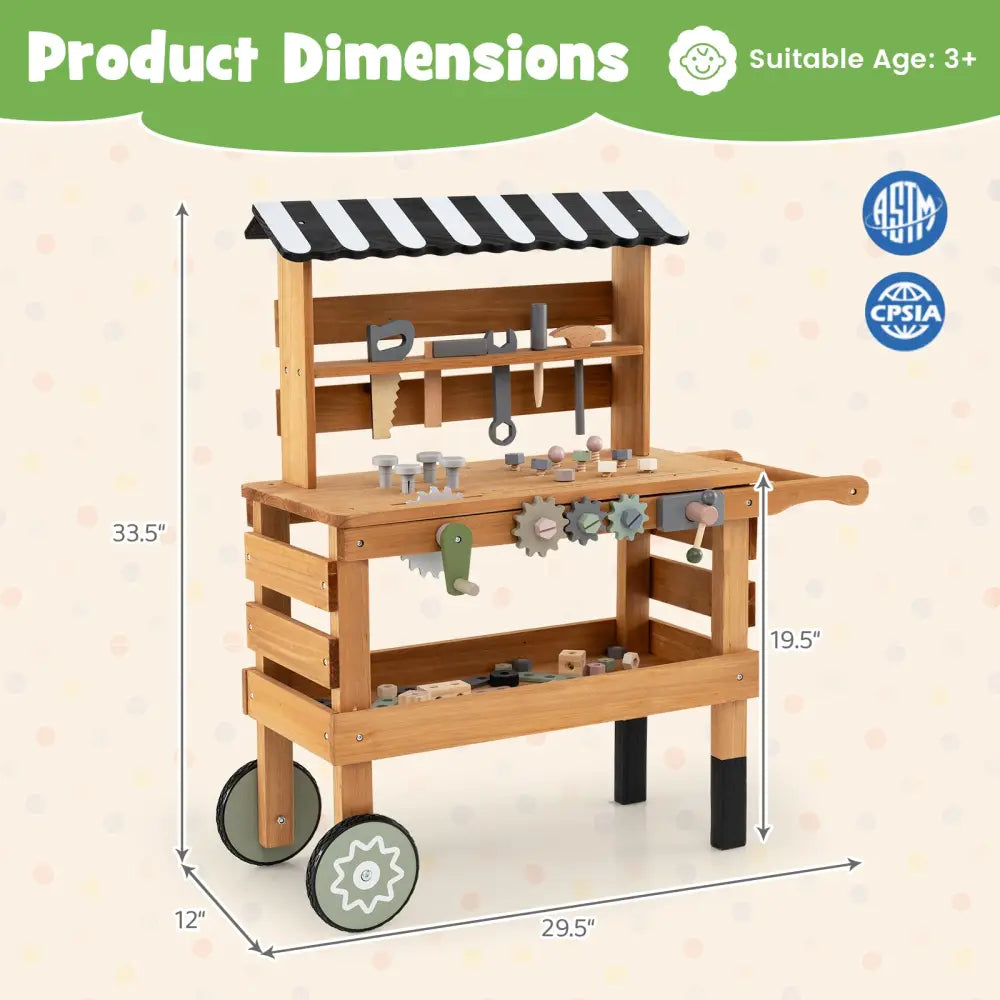 2-in-1 Kids Rolling Cart with Play Tools Set for Construction Play-Brown - Brown - Play Kitchen Sets