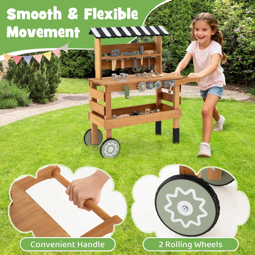 2-in-1 Kids Rolling Cart with Play Tools Set for Construction Play-Brown - Brown - Play Kitchen Sets