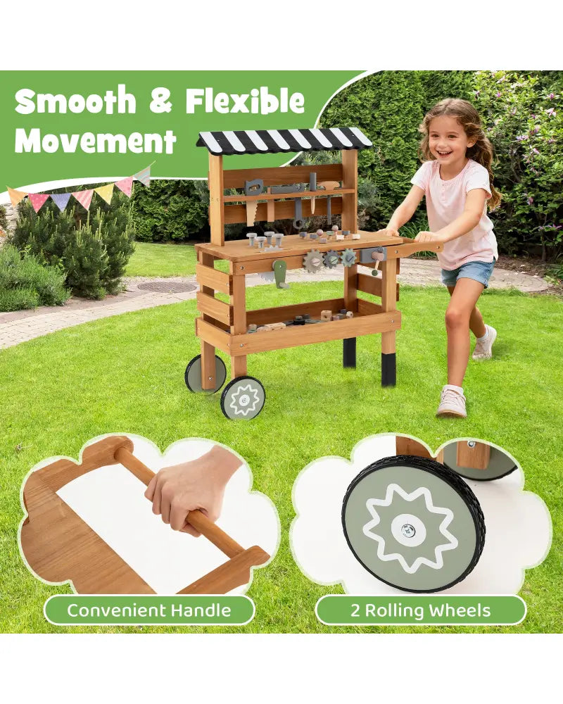 2-in-1 Kids Rolling Cart with Play Tools Set for Construction Play-Brown - Brown - Play Kitchen Sets