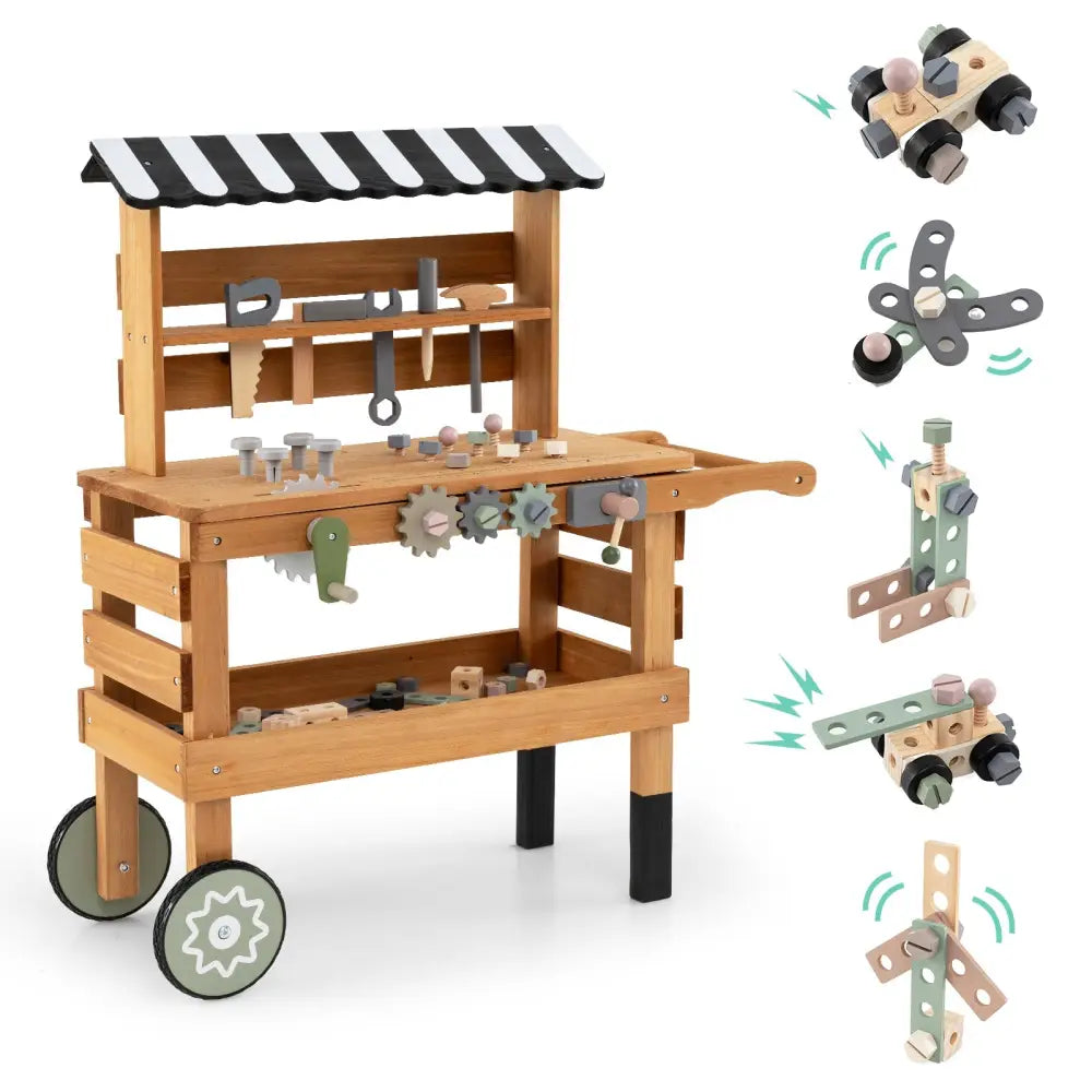 2-in-1 Kids Rolling Cart with Play Tools Set for Construction Play-Brown - Brown - Play Kitchen Sets