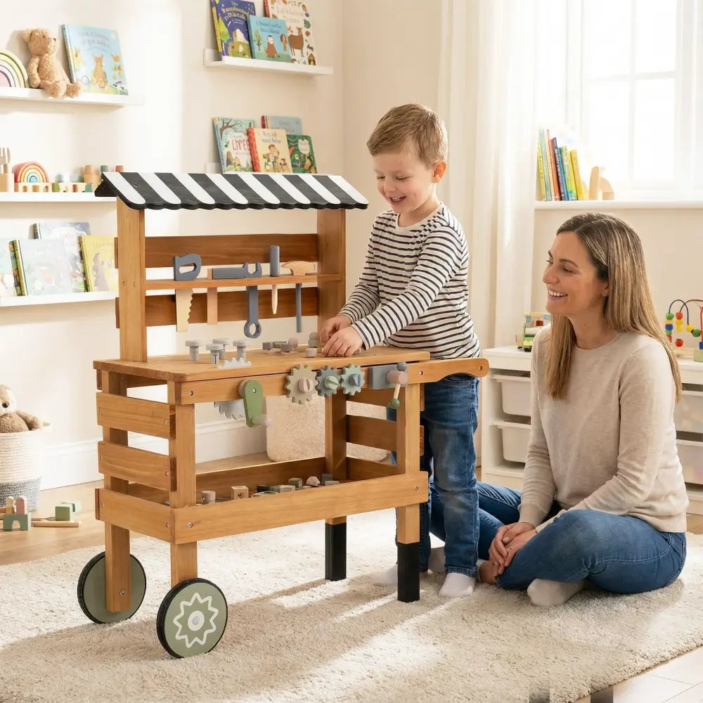 2-in-1 Kids Rolling Cart with Play Tools Set for Construction Play-Brown - Brown - Play Kitchen Sets